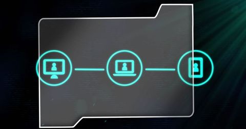 Digital interface with connected media icons on black background