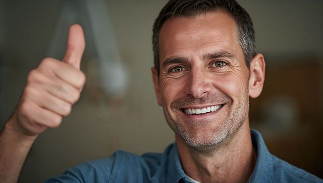 Smiling middle-aged man giving thumbs-up while wearing blue shirt in warm interior