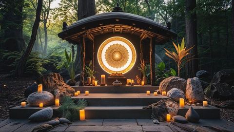 Zen pavilion with illuminated gong in forest clearing