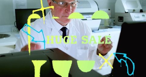 Senior Scientist in Laboratory Surrounded by Sale Graphics