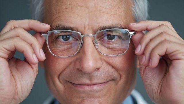 Senior man adjusting metal-frame eyeglasses close-up portrait, confident smile