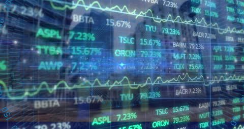 Digital Financial Data Interface Overlaying Cityscape
