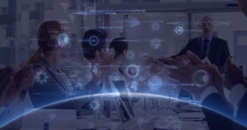 Futuristic Business Meeting with Holographic Data Visualization