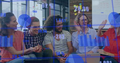 Diverse Team Celebrating Success with Statistical Data Overlay