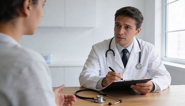 Physician listening and taking notes during patient consultation in sunlit clinic office