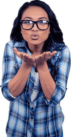 Transparent Woman Blowing Kiss in Blue Plaid Shirt with Glasses