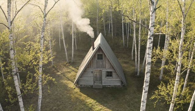 Smoking chimney warming rustic a-frame cabin nestled in birch grove morning light