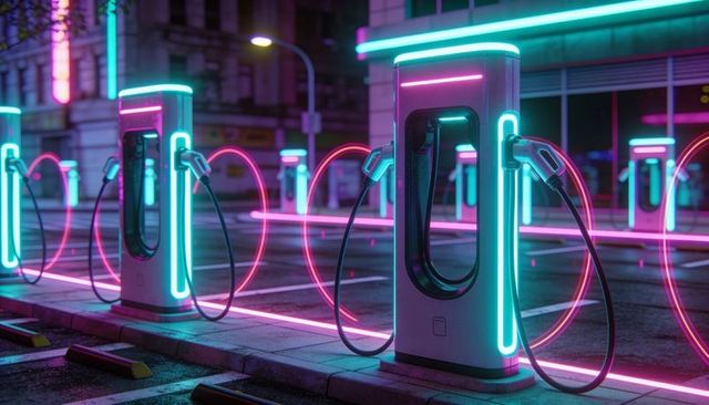 Futuristic neon ev charging stations glowing cyan magenta reflective cyberpunk wet urban street
