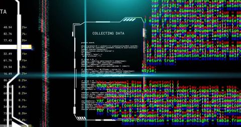 Collecting data futuristic hud dashboard streaming code neon glitch monitoring visuals