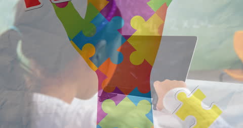 Puzzle Pieces Overlay with Girl Using Tablet