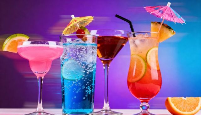 Vibrant tropical cocktails on bar glowing under neon gradient lighting with garnishes