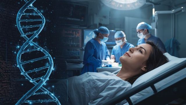 Patient in Surgery with Futuristic DNA Helix Display