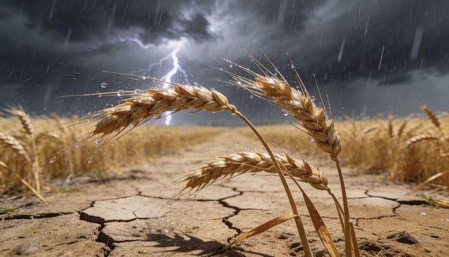 Golden wheat bending in storm over cracked soil with lightning and raindrops