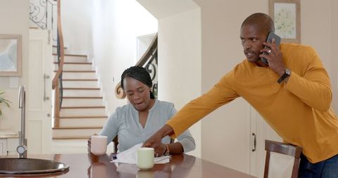 Busy morning routine with coffee and communication at home