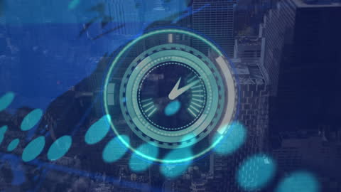 Digital Interface Overlaying Cityscape with Moving Clock Animation