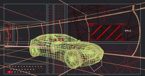 Futuristic Car Wireframe with Digital HUD Interface