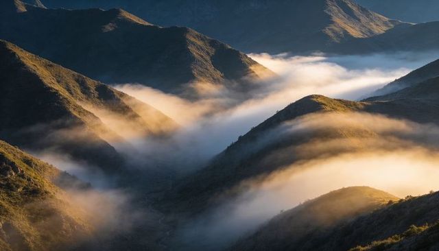 Golden-dawn fog snaking through alpine mountain ridges, mist-filled valley at sunrise