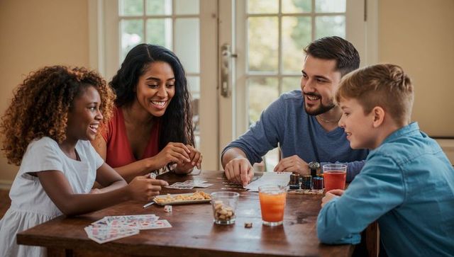 Multicultural family playing card game around wooden table sharing snacks laughing together