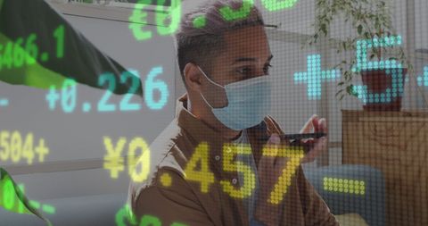Masked Man Communicating Amidst Digital Stock Projections