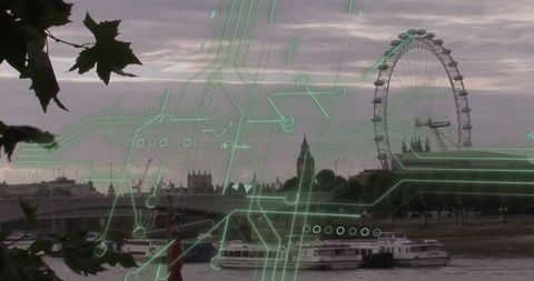 Urban Riverfront with Circuit Board and Cityscape View