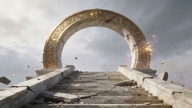 Ascending cracked marble staircase leading to ornate gilded portal with floating sparks and debris