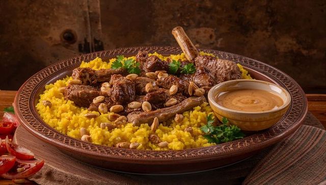 Rustic saffron rice with braised lamb ribs on ornate platter garnished with peanuts