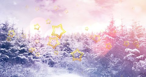 Magical Golden Stars Falling Over Snowy Winter Forest - Download Free Stock Images Pikwizard.com