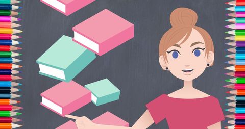 Animated Woman Discussing Books in Creative Educational Concept