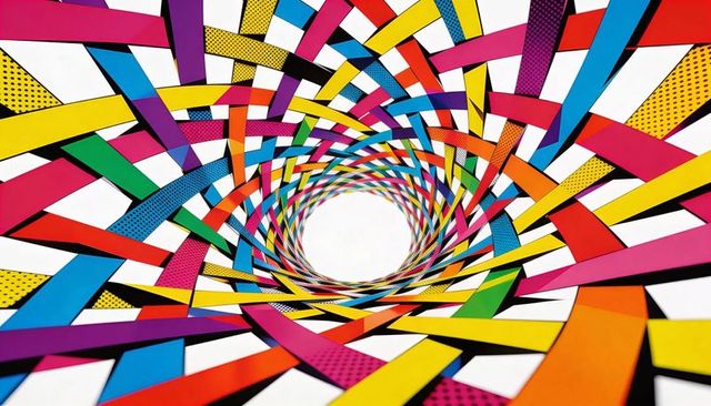 Colorful woven spiral forming circular tunnel with halftone dotted strips