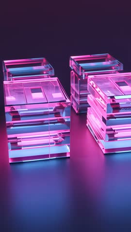 Dollying Through Neon Glass Cubes Reflecting on Tabletop — Futuristic Vertical Motion