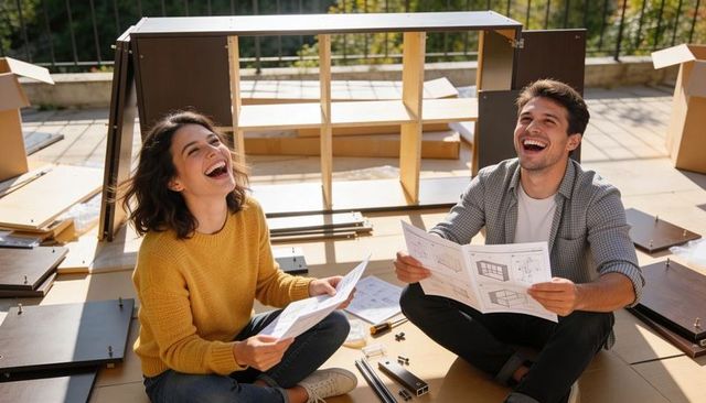 Joyful couple assembling flatpack bookshelf on sunny balcony for diy home upgrade
