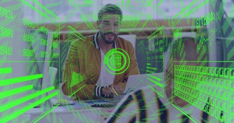 Business team collaborating with augmented reality HUD overlay in open office
