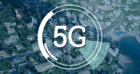 Aerial View of Urban Environment with 5G Technology Graphic Overlay