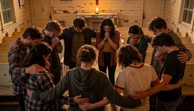 Small group praying in rustic chapel candlelight circle showing unity and fellowship