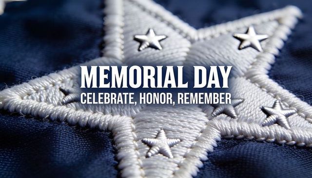 Embroidered five-point star close-up on navy satin fabric memorial day text overlay