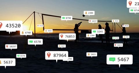 Women Playing Beach Volleyball at Sunset with Social Media Overlay
