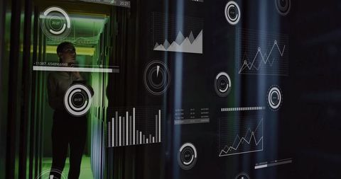 Business Professional Analyzing AR Data in High-Tech Server Room