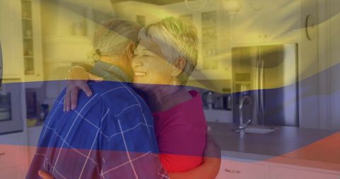 Senior African American Couple Embracing with Colombian Flag Overlay