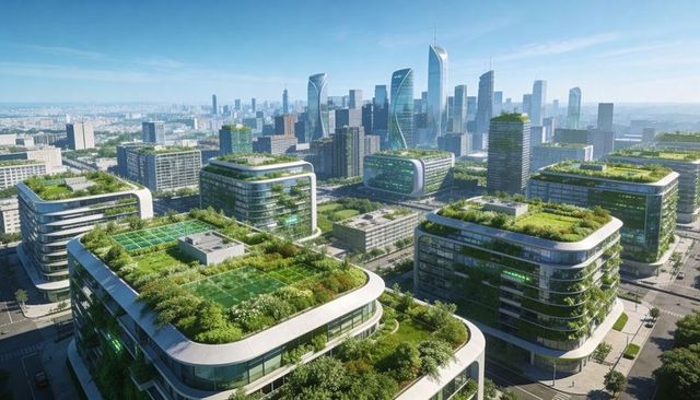 Futuristic sustainable cityscape with curved glass midrise offices and lush green roofs
