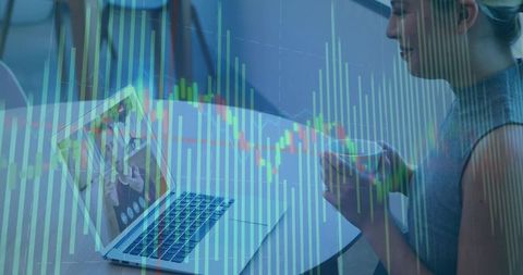 Businesswoman Video Conferencing Overlayed with Stock Market Data