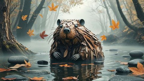 Nature-inspired beaver sculpture in misty forest stream