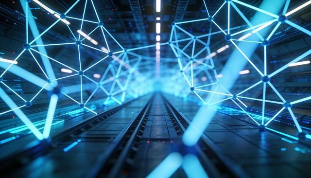 Neon cyber tunnel showing glowing network lattice and data stream along central rails