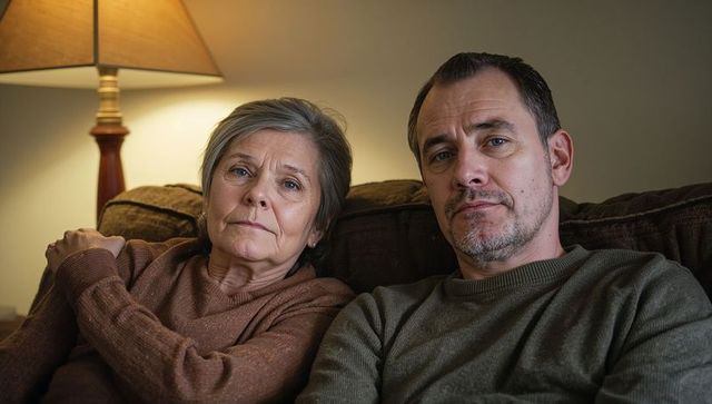 Mature couple sharing quiet evening on brown sofa, conveying intimacy and warmth, thoughtful faces
