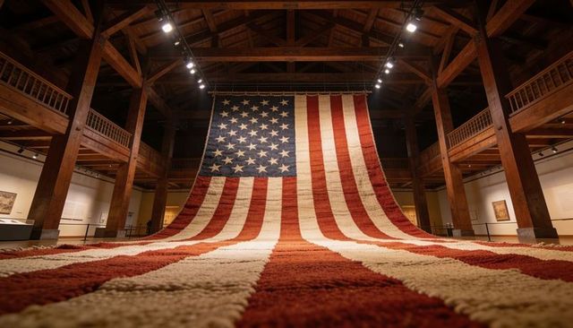 Giant historic american flag cascading down wooden gallery, museum exhibition lighting