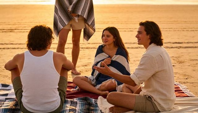 Friends chatting and relaxing on sandy beach at sunset with striped throws and blankets