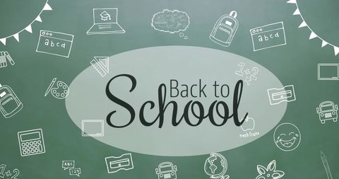 Back to school with education-themed icons on chalkboard