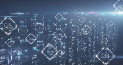 Holographic 5G 6G Network Glyphs Floating Above Digital Server Matrix Futuristic Data