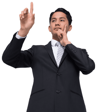 Businessman pointing thoughtfully on transparent background