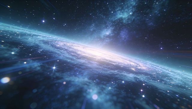 Spiral Galaxy Disk Glowing with Luminous Core and Dust Lanes, Deep Space Panorama