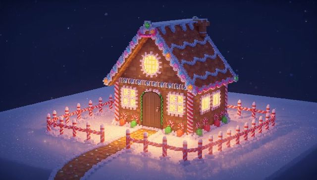 Glowing pixel art gingerbread house on snowy diorama with candy cane fence at night